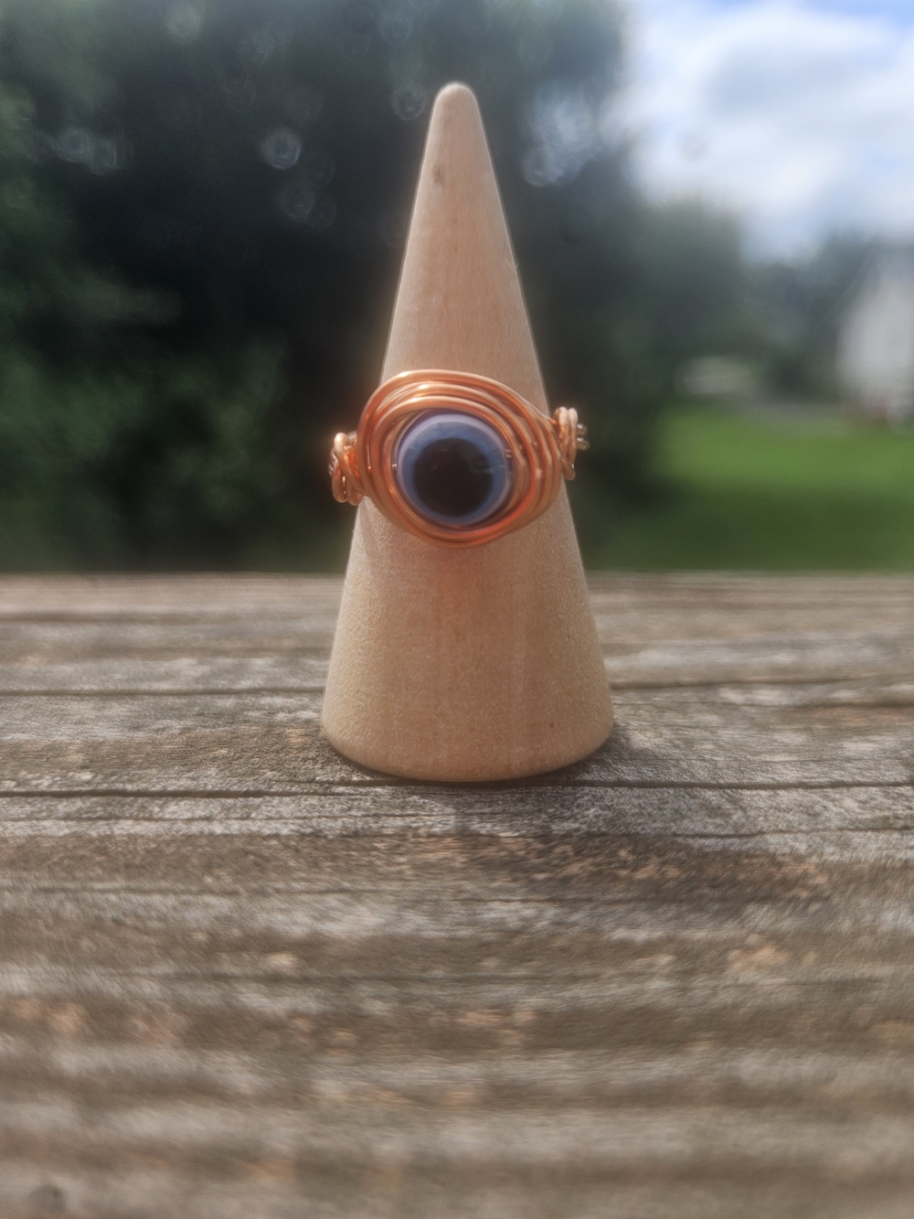 Copper Wire Wrapped Blue Evil Eye Glass Bead Ring - Women's Fashion Jewelry